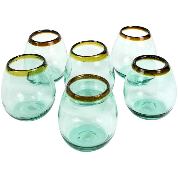 Kalalou 18 Oz. Recycled Stemless Wine Glass With Amber Rim - 6/Case