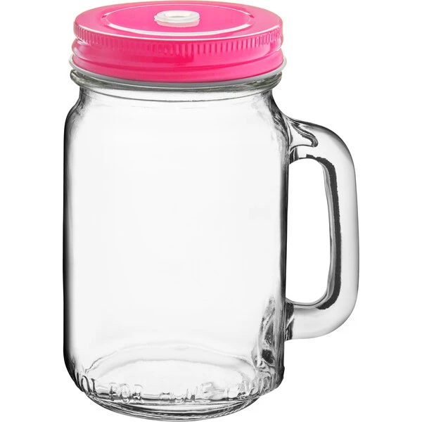 Acopa Rustic Charm 16 Oz. Drinking Jar With Handle And Pink Metal Lid With Straw Hole - 12/Case - Image 2