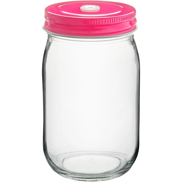 Acopa Rustic Charm 16 Oz. Drinking Jar With Pink Metal Lid With Straw Hole - 12/Case - Image 2