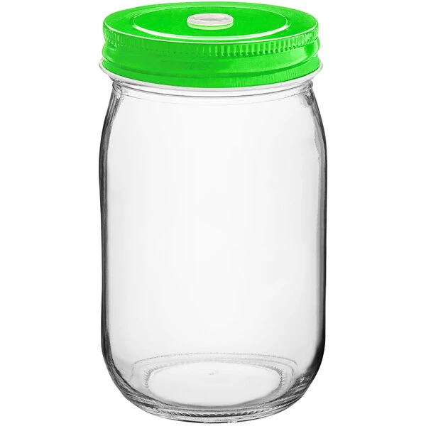 Acopa Rustic Charm 16 Oz. Drinking Jar With Green Metal Lid With Straw Hole - 12/Case - Image 2