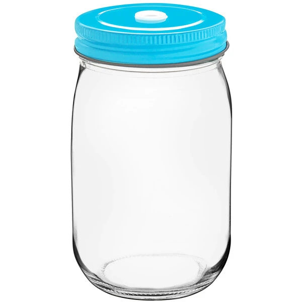 Acopa Rustic Charm 16 Oz. Drinking Jar With Blue Metal Lid With Straw Hole - 12/Case - Image 2