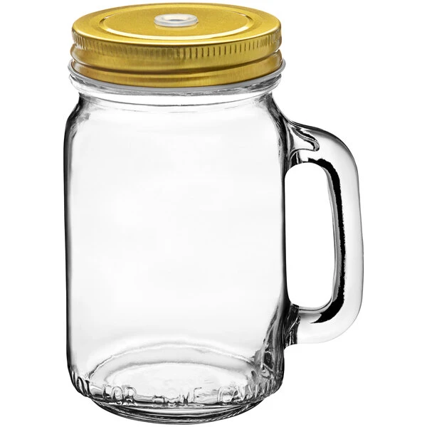 Acopa Rustic Charm 16 Oz. Drinking Jar With Handle And Gold Metal Lid With Straw Hole - 12/Case - Image 2
