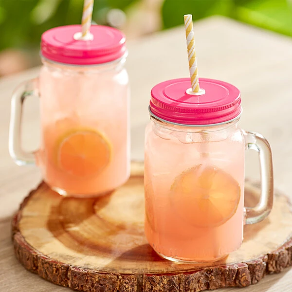 Acopa Rustic Charm 16 Oz. Drinking Jar With Handle And Pink Metal Lid With Straw Hole - 12/Case