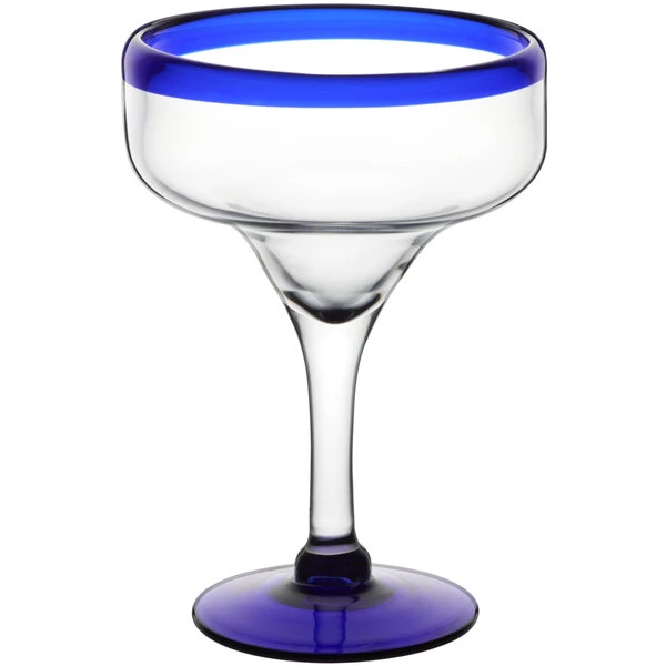Acopa Tropic 12 Oz. Margarita Glass With Blue Rim And Base - 12/Case - Image 2